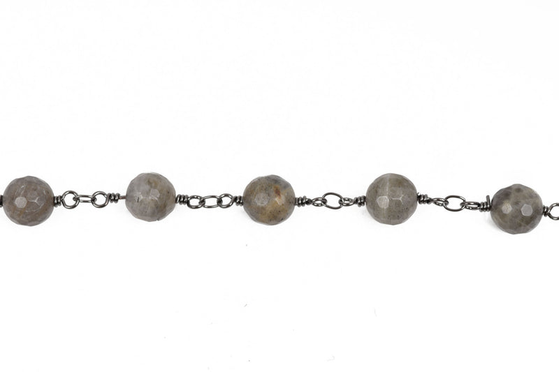 13 feet (4 meters) LABRADORITE GEMSTONE Rosary Chain, gunmetal links, 8mm round faceted gemstone beads, fch0577b