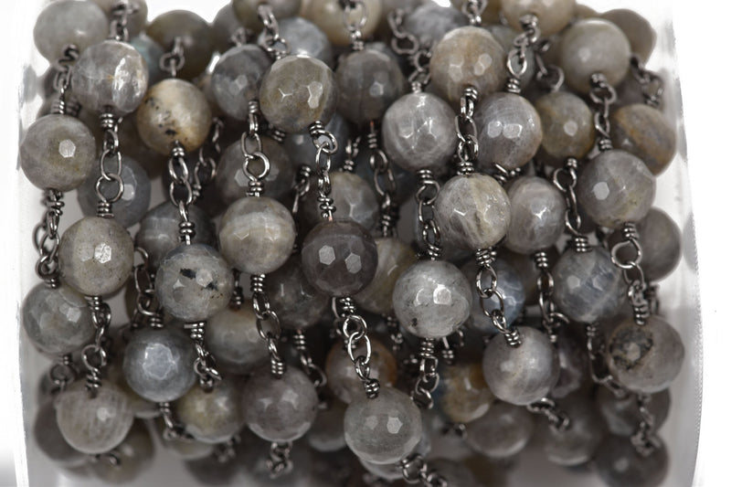 13 feet (4 meters) LABRADORITE GEMSTONE Rosary Chain, gunmetal links, 8mm round faceted gemstone beads, fch0577b