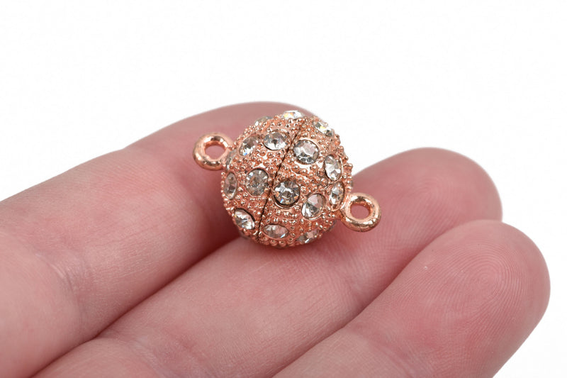 16mm Rose Gold Magnetic Rhinestone Ball Clasp with Pave' RHINESTONES, 2 sets, fcl0236