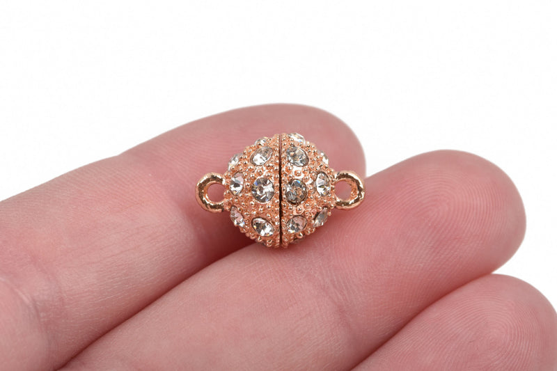 12mm Rose Gold Magnetic Rhinestone Ball Clasp with Pave' RHINESTONES, 2 sets, fcl0238
