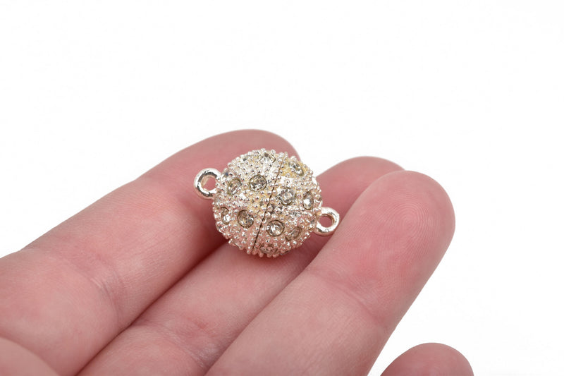 16mm Bright Silver Magnetic Rhinestone Ball Clasp with Pave' RHINESTONES, 2 sets, fcl0241