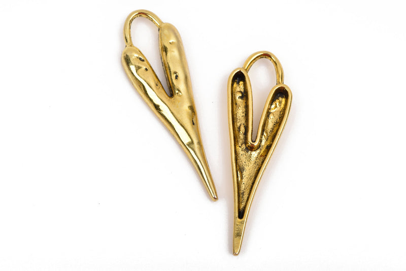 5 HEART Charm Pendants, hammered antiqued gold metal, stylized elongated heart, 60x18mm, 2-3/8" long chg0591