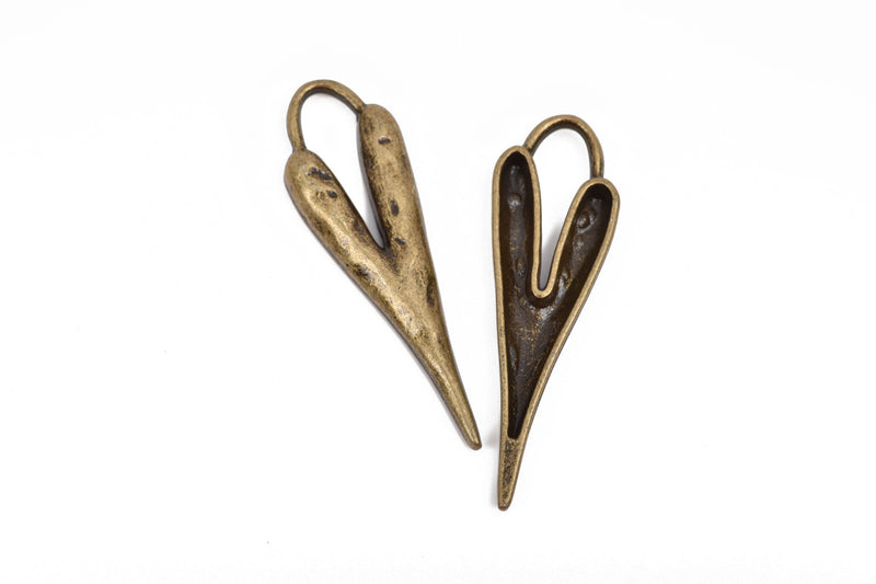 5 HEART Charm Pendants, hammered bronze metal, stylized elongated heart, 60x18mm, 2-3/8" long chb0512
