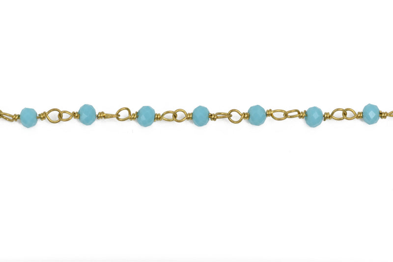 10 yards (30+ feet) TURQUOISE BLUE Crystal Rondelle Rosary Bead Chain, gold double wrapped wire, 4mm faceted rondelle glass beads, fch0522b