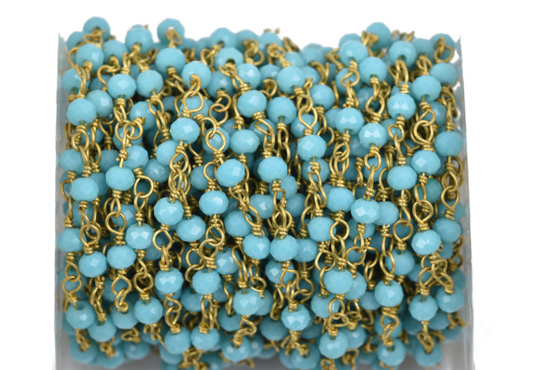 1 yard (3 feet) TURQUOISE BLUE Crystal Rondelle Rosary Bead Chain, gold double wrapped wire, 4mm faceted rondelle glass beads, fch0522a