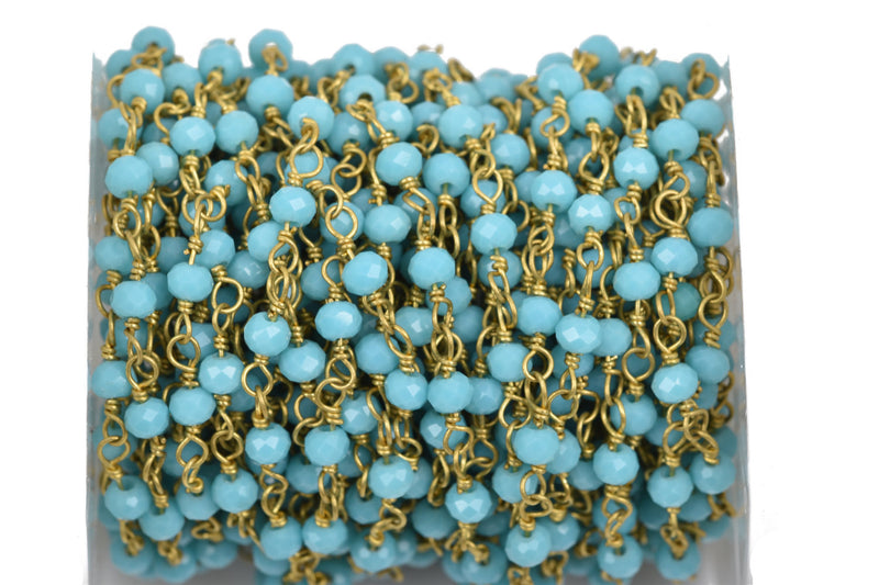 10 yards (30+ feet) TURQUOISE BLUE Crystal Rondelle Rosary Bead Chain, gold double wrapped wire, 4mm faceted rondelle glass beads, fch0522b