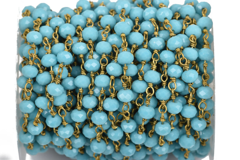 10 yards (30+ feet) TURQUOISE BLUE Crystal Rondelle Rosary Bead Chain, gold double wrapped wire, 6mm faceted rondelle glass beads, fch0523b