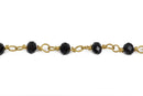 1 yard (3 feet) JET BLACK Crystal Rondelle Rosary Bead Chain, gold double wrapped wire, 4mm faceted rondelle glass beads, fch0527a