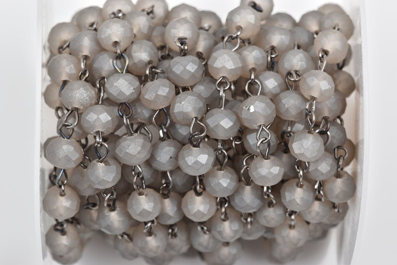 1 yard (3 feet) FROSTED GREY Crystal Rondelle Rosary Chain, gunmetal, 8mm faceted rondelle glass beads, fch0528a