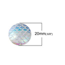 20mm MERMAID FISH Scale Cabochons, Round Resin Metallic, White AB iridescent, 10 pieces, cab0523