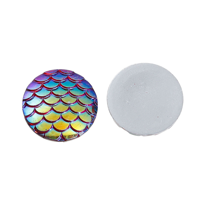 20mm MERMAID FISH Scale Cabochons, Round Resin Metallic, RedAB iridescent, 10 pieces, cab0524