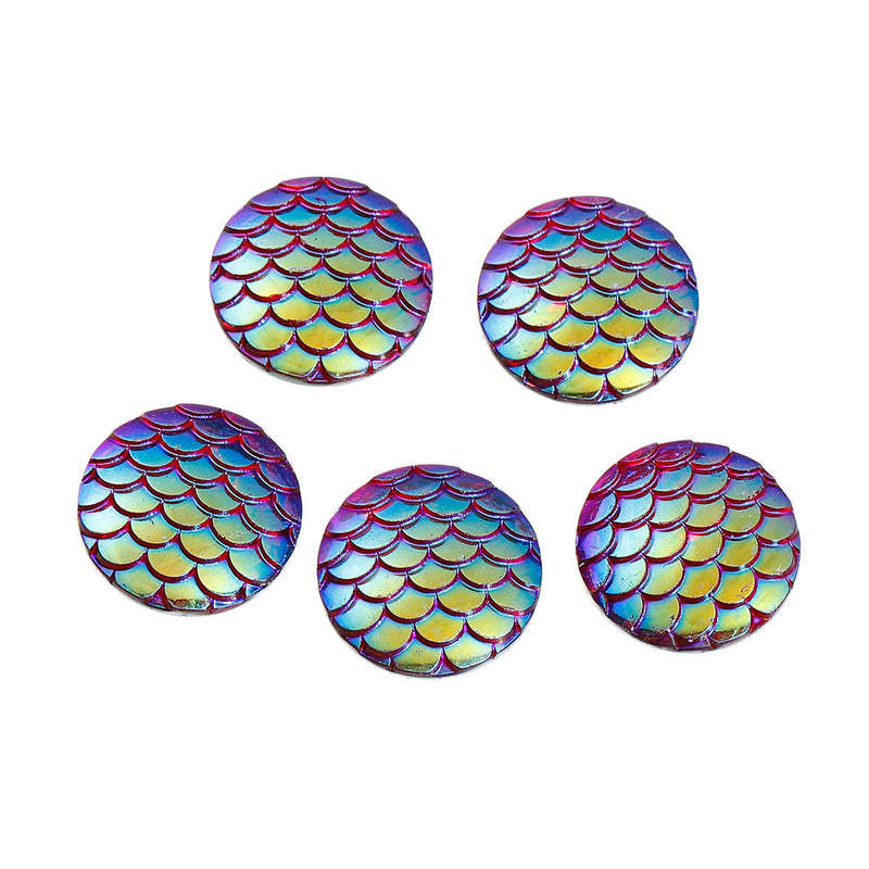 20mm MERMAID FISH Scale Cabochons, Round Resin Metallic, RedAB iridescent, 10 pieces, cab0524