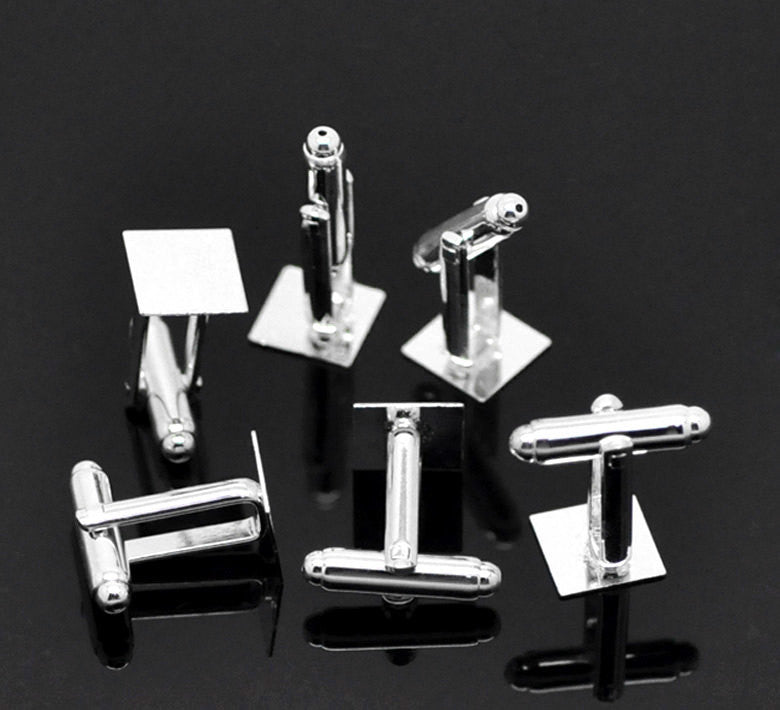 10 Silver Plated Square CUFF LINKS Blanks, CUFFLINKS, fits 10mm Square Cabochon Pad, fin0622