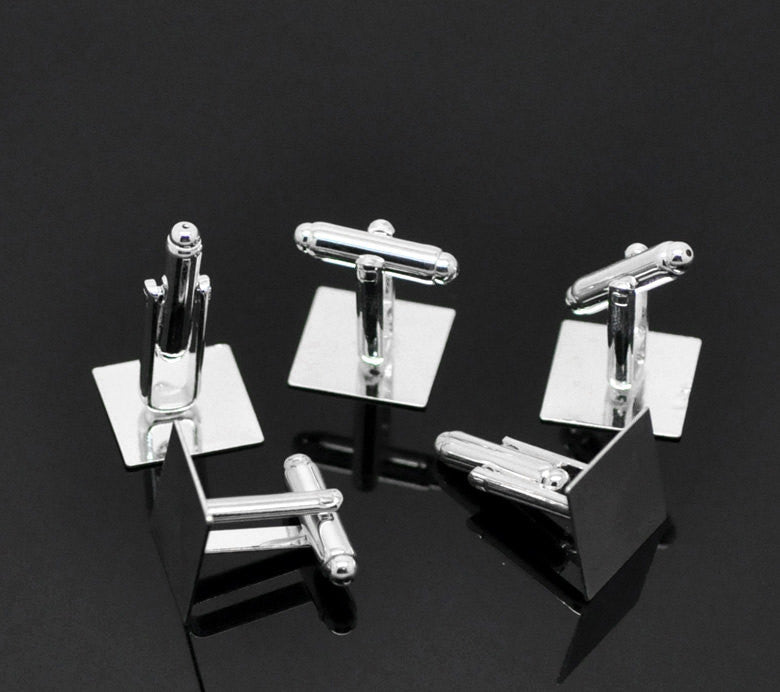 10 Silver Plated Square CUFF LINKS Blanks, CUFFLINKS, fits 15mm Square Cabochon Pad, fin0623