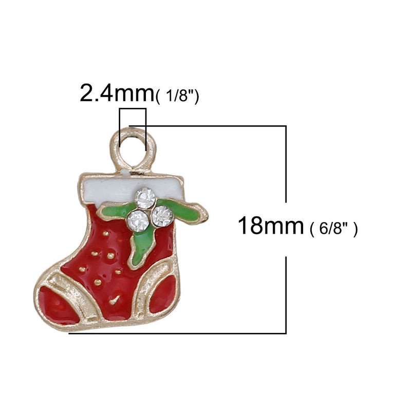 5 CHRISTMAS STOCKING Charms or Pendants, Stocking with Holly, Gold Plated with enamel and rhinestone accents, 18x16mm, chg0526