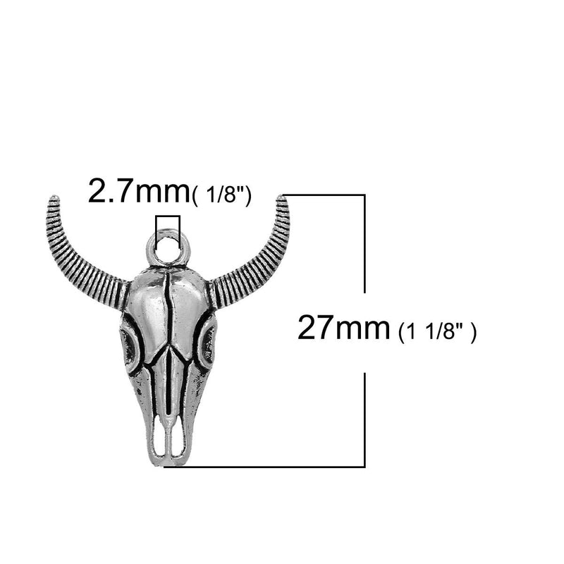 10 Silver Tone Metal Longhorn COW SKULL Charms or Pendants, 30x27mm, chs2717