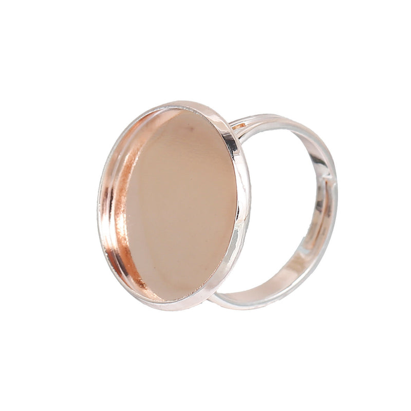 5 Rose Gold Cabochon Ring Blanks, Bezel Tray fits 18mm round cabochon, METALLIC rose gold plate, adjustable sizing, fin0624