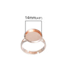 5 Rose Gold Cabochon Ring Blanks, Bezel Tray fits 14mm round cabochon, METALLIC rose gold plate, adjustable sizing, fin0625