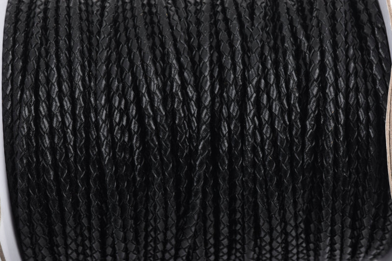 3mm BLACK Round Braided Licorice Leather, European Leather Cord, flexible, 1 yard (3 feet), Lth0006