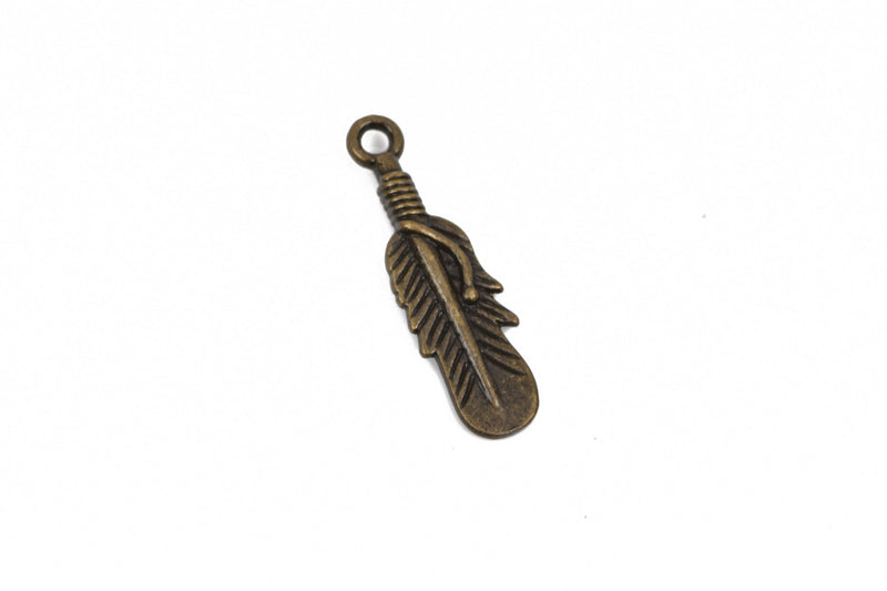 10 Bronze FEATHER Charms, Bronze oxidized metal charms, Bronze feather pendants, 27x8mm, 1-1/8" long chb0518