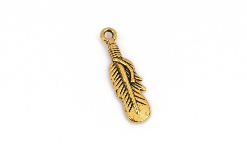 10 Gold FEATHER Charms, Gold oxidized metal charms, Gold feather pendants, 27x8mm, 1-1/8" long chg0599