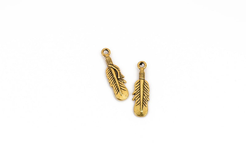 10 Gold FEATHER Charms, Gold oxidized metal charms, Gold feather pendants, 27x8mm, 1-1/8" long chg0599