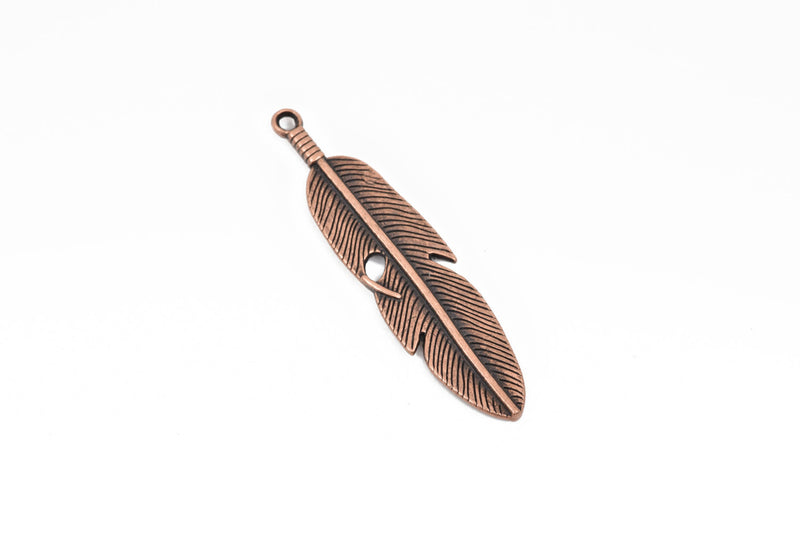 5 Copper FEATHER Charms, Oxidized Copper metal charms, Copper feather pendants, 61x15mm, 2-3/8" long chc0084