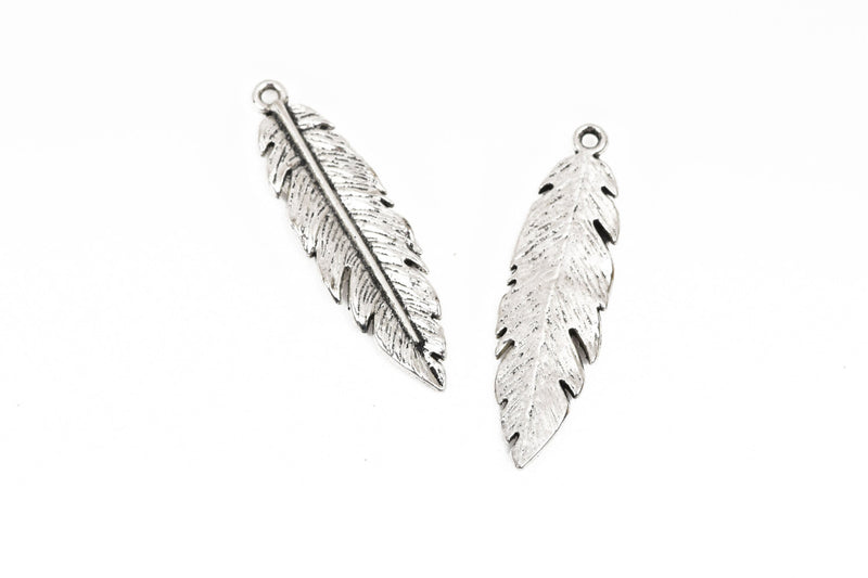 10 Silver FEATHER Charms, Silver metal charms, Silver feather pendants, 41x12mm, 1-5/8" long chs2849