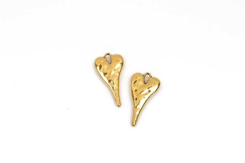 5 HEART Charms, hammered gold metal, stylized elongated heart, 27x14mm, 1-1/8" long chg0603