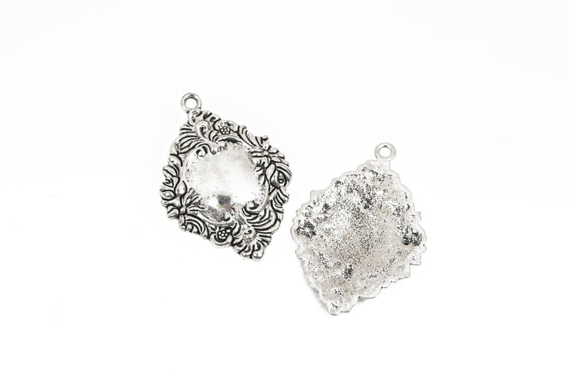 5 Antiqued Silver Charms, fancy Victorian floral design, frame charms, 42x30mm, chs2856