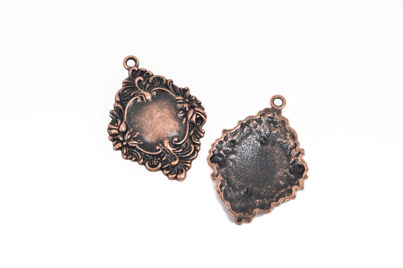 5 Copper Charms, fancy Victorian floral design, frame charms, 42x30mm, chc0089