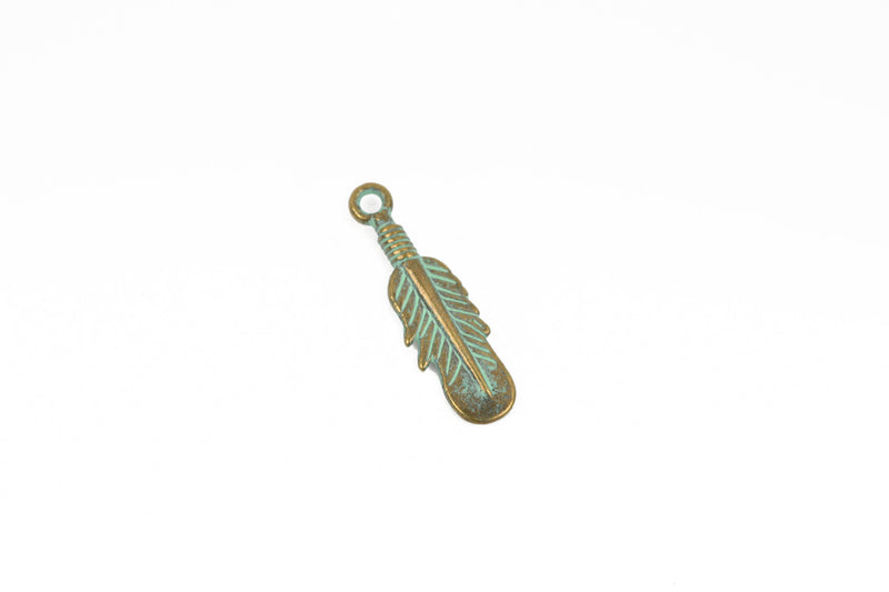 10 Bronze Patina FEATHER Charms, Bronze verdigris feather charms, Bronze verdigris green feather pendants, 27x8mm, 1-1/8" long chb0526