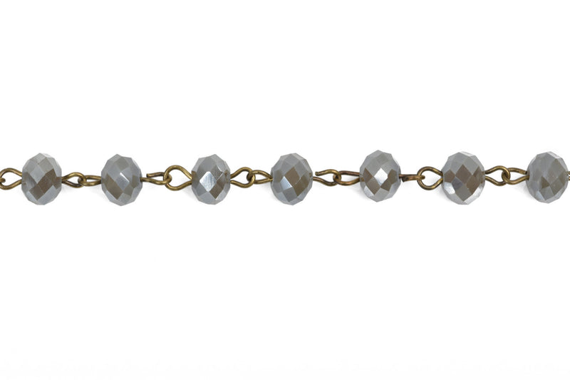 13 feet MUSHROOM GREY Crystal Rondelle Rosary Chain, bronze, 8mm faceted rondelle glass beads, fch0530b