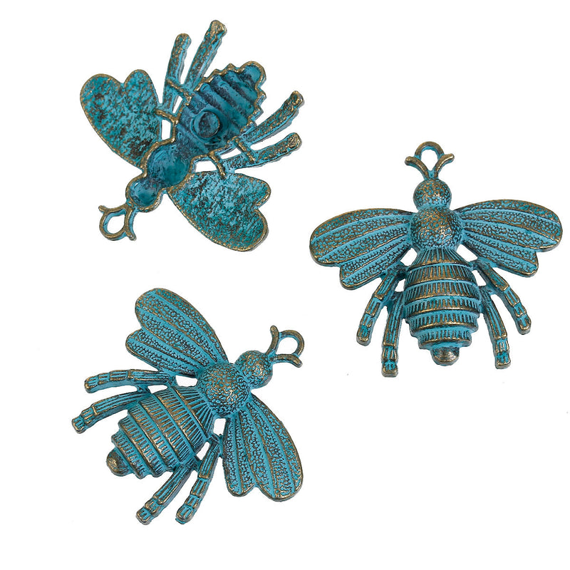 5 BEE Charm Pendants, Blue Green Patina over Bronze Brass, Large Bumblebee Queen Bee Charms, 39x36mm, chb0489