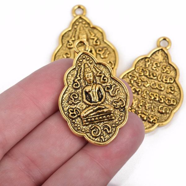 2 THAI BUDDHA charm pendants, antique gold metal, religious icon, 42x26mm, chg0528