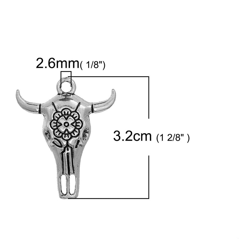 10 Silver Tone Metal Longhorn COW SKULL Charms or Pendants, flower pattern, 32x26mm, chs2742