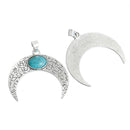 CRESCENT MOON Pendant, Silver double horn with turquoise blue cabochon, textured metal, 3" chs2738