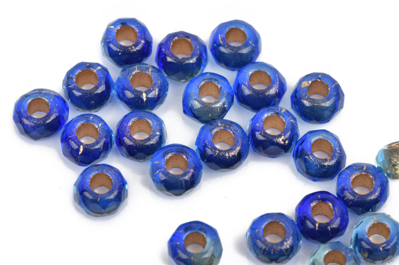 25 Rondelle Czech Pressed Glass Beads, 8mm faceted, dark blue with gold foil core, bgl1598