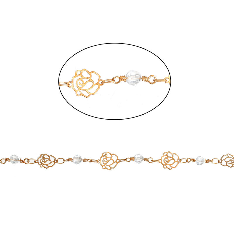1 yard (3 feet) Rose and Crystal Rosary Bead Chain, gold double wrapped wire, 4mm faceted round glass beads, gold filigree flowers, fch0545