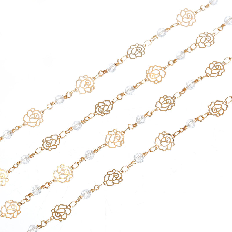1 yard (3 feet) Rose and Crystal Rosary Bead Chain, gold double wrapped wire, 4mm faceted round glass beads, gold filigree flowers, fch0545