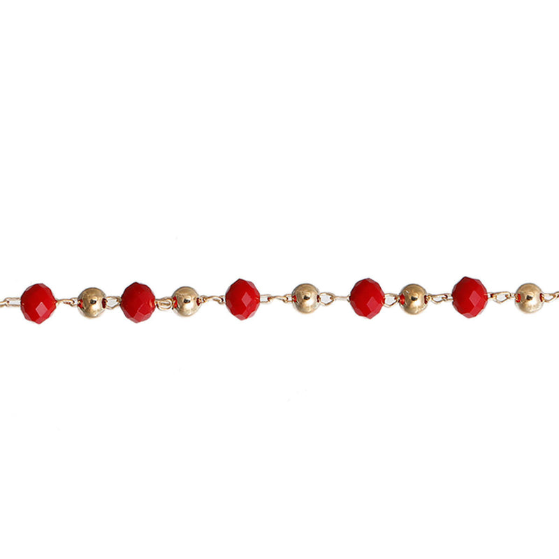 1 yard (3 feet) Red and Gold Crystal Rosary Bead Chain, 4mm faceted rondelle glass beads, 3mm gold round beads, fch0547