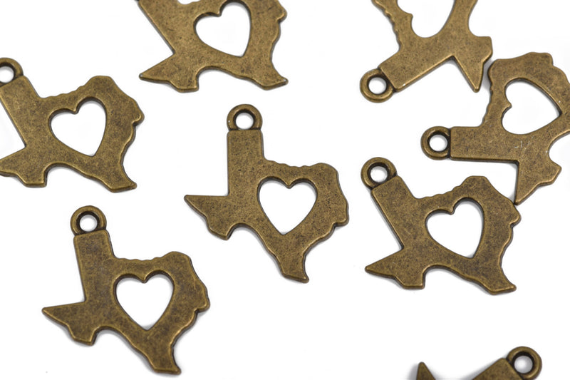 10 Bronze TEXAS Charm Pendants, Heart Cut Out State Texas Travel Charm Pendants, 23x19mm, chb0492