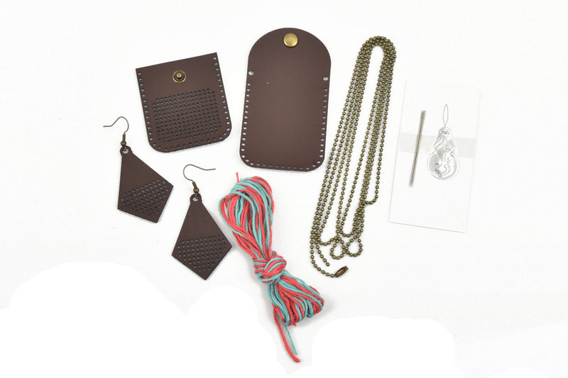 Cross Stitch KIT, make your own cross stitch amulet necklace and earrings, includes all supplies, instructions, kit0045