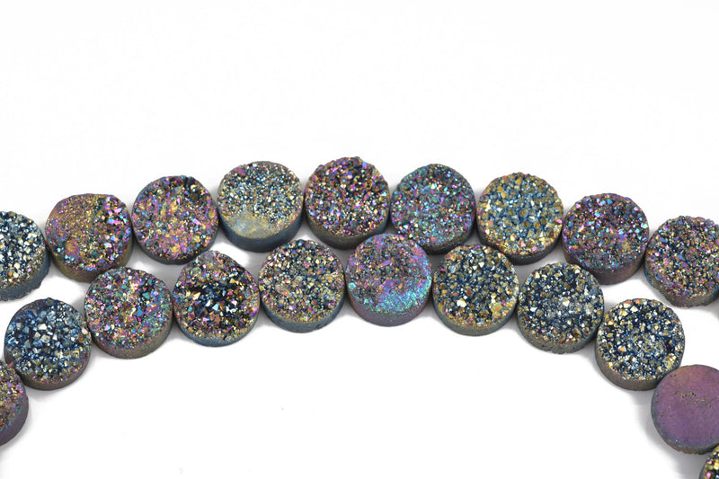 4 DRUZY Natural GEMSTONE Quartz Geode Cabochon Beads, Round, 10mm, 3/8" Mardi Gras RAINBOW, flatback with hole,  gdz0198