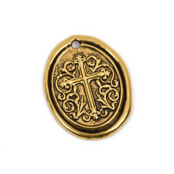 5 Gold Cross Relic Charm Pendants, wax seal style, oval coin charms, gold plated metal, double sided design, 27x21mm, chs2864