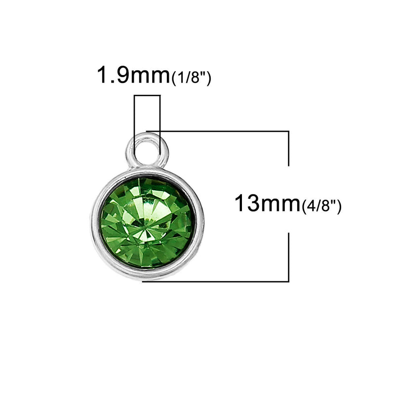 5 PERIDOT GREEN Crystal Round Charms, rhinestone drop charms, Crystal Glass in Silver Bezel, 13x10mm, chs2747