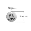 5 P.S. I Love You Charm Pendants, Romantic Silver Circle Disc Charms, silver tone metal, 30mm, chs2748