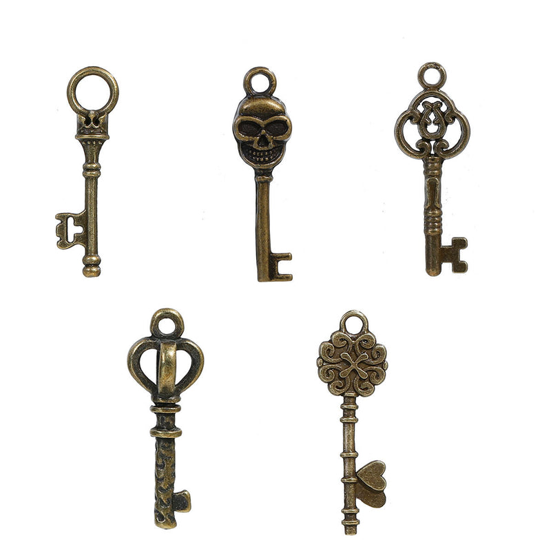 50 Bronze Tone SKELETON KEY Charm Pendants, mixed designs, Bulk Package, chb0494