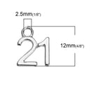 5 Number 21 Charms, Silver Plated Pendants, number TWENTY ONE, chs2779