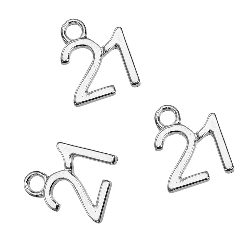 5 Number 21 Charms, Silver Plated Pendants, number TWENTY ONE, chs2779